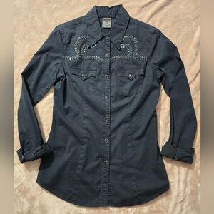 True Religion Western Style Shirt Black Pearl Snap Button Front Crystal Rocky XS